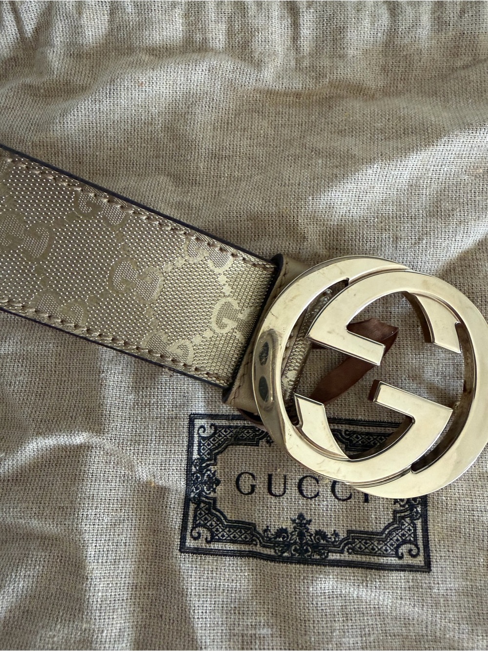 Gucci Beige Canvas Leather Belt with Gold GG Buckle - Picture 8 of 12